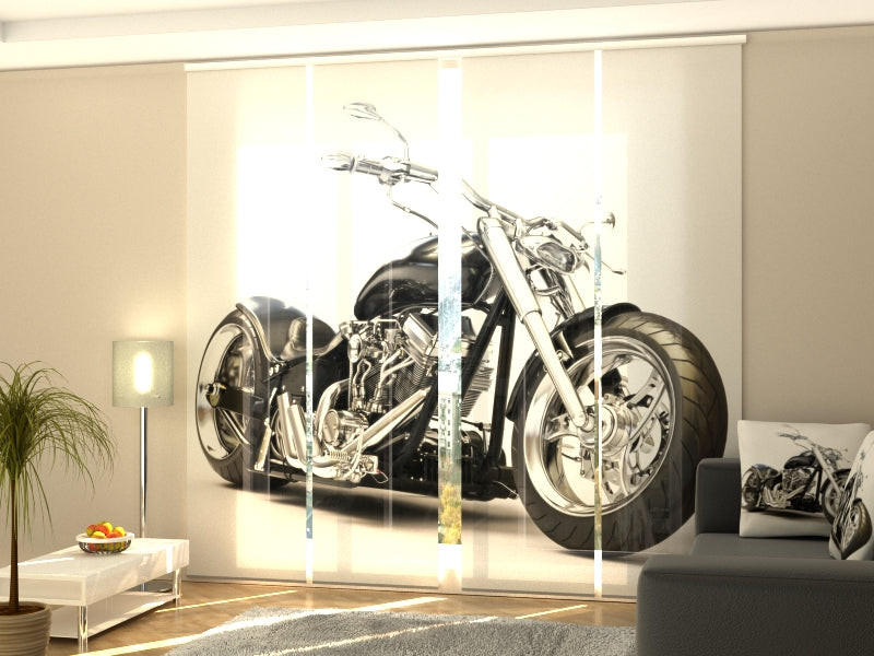 4-Panel Curtains Kit with 4-Track Rail, Black Motorbike, Size: 60x270 cm