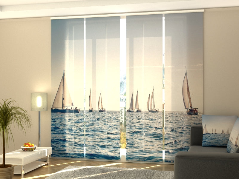 4-Panel Curtains Kit with 4-Track Rail, Sea and Sailboats, Size: 60x300 cm