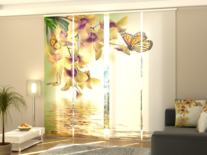 4-Panel Curtains Kit with 4-Track Rail, Tropical Flowers, Size: 60x300 cm