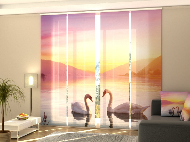 4-Panel Curtains Kit with 4-Track Rail, Swans on the Lake at Sunrise, Size: 60x245 cm