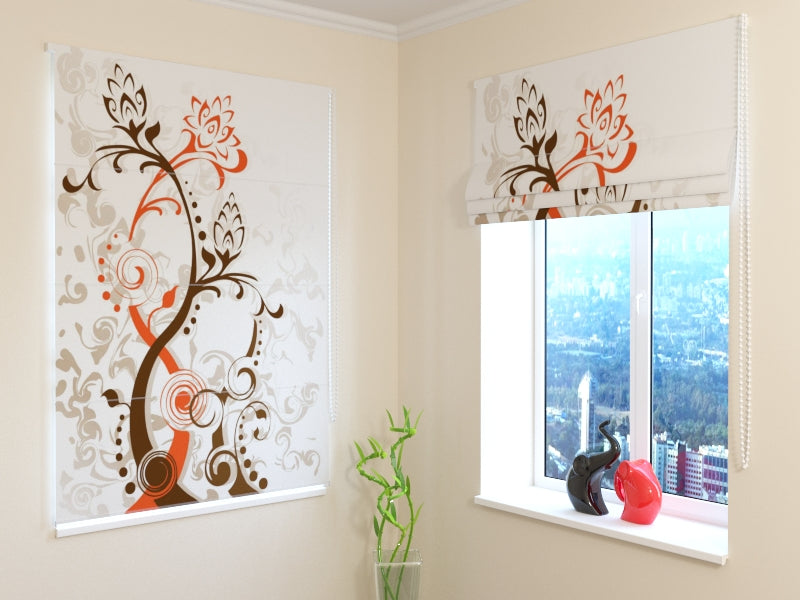 Roman Blind Brown and Orange Abstract Flowers