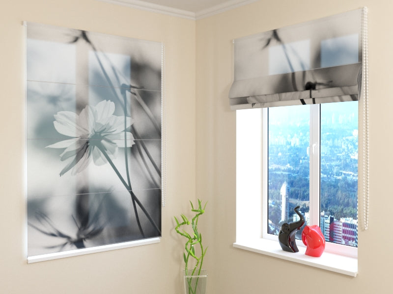 Roman Blind Black and White Field Flowers