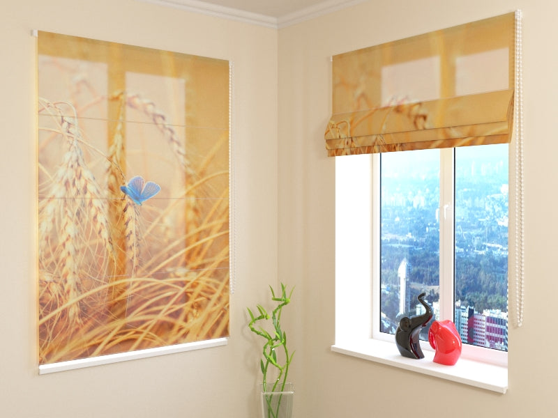 Roman Blind Blue Butterfly on Golden Wheat Ears