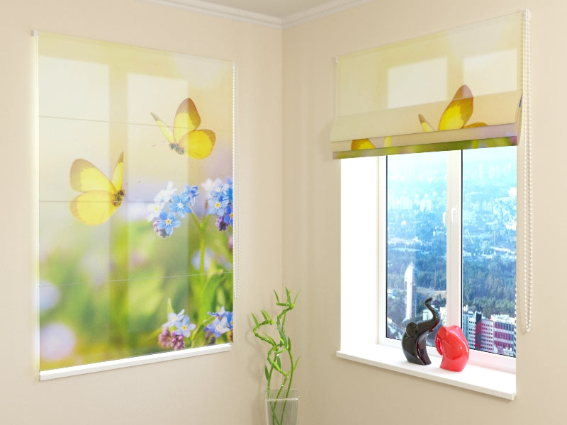 Roman Blind Blue Flowers and Yellow Butterflies