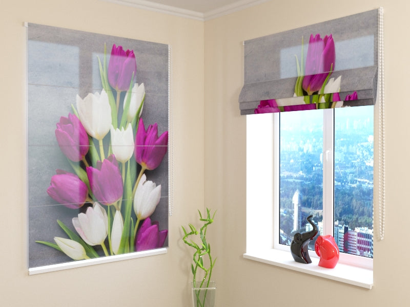 Roman Blind Purple and White Tulips